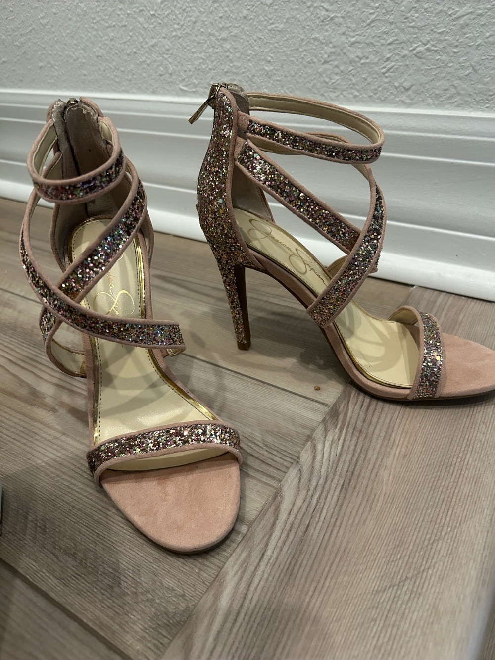 Jessica Simpson Champagne  Glitter Strappy Stiletto Sandals